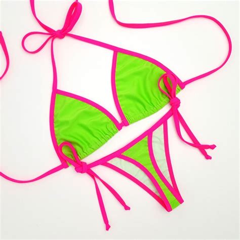 Neon Green With Pink Thong Bottom Bikini Etsy