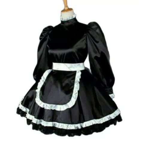 Sexy Lockable Sissy Maid Black Satin Dress Cosplay Costume Tailor Made