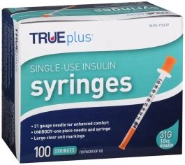 TRUEplus Insulin Syringes 31 Gauge, 1cc, 5/16" Needle- 100ct