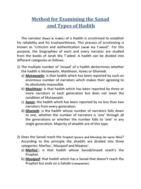 Method For Examining The Sanad And Types Of Hadith Pdf Hadith