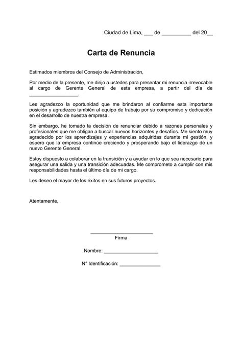 Carta De Renuncia Al Cargo De Gerente General Ejemplos