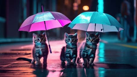 Three Kittens Are Standing Under Umbrellas In The Rain Ai Generative