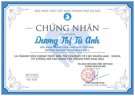 Chứng nhận sinh viên tham gia Ngày hội sinh viên 5 tốt thành phố Hà Nội