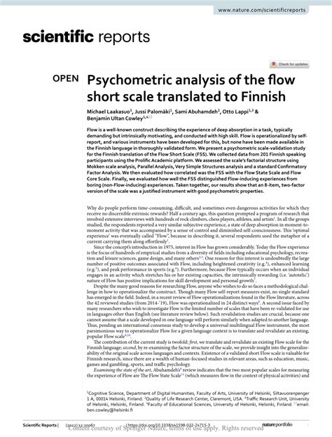 Pdf Psychometric Analysis Of The Flow Short Scale Translated To Finnish