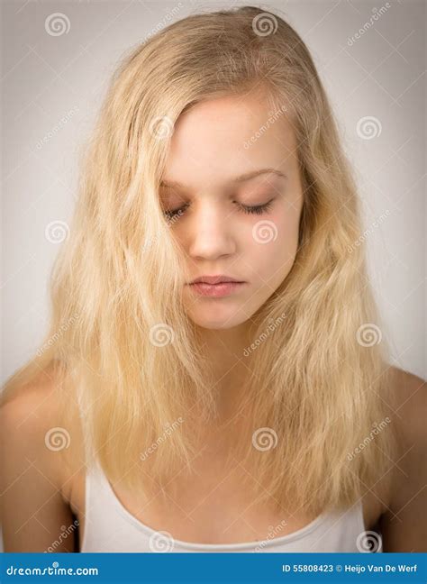 Beautiful Serious Blond Girl With Closed Eyes Stock Image Image Of