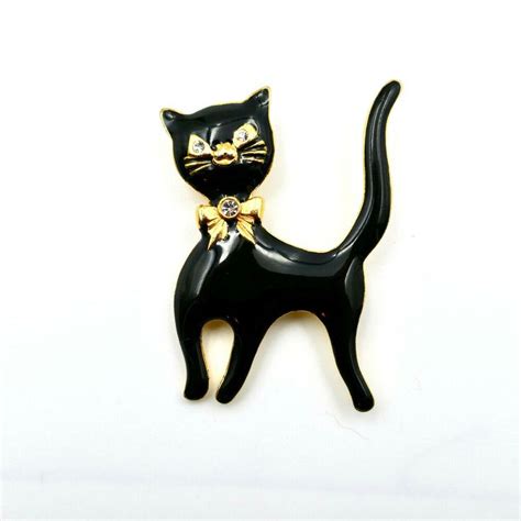 Large Black Enamel Cat Pin Brooch Clear Rhinestone Eyes Gold Bow