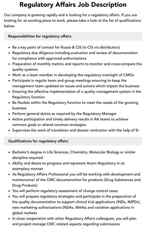 Regulatory Affairs Job Description Velvet Jobs