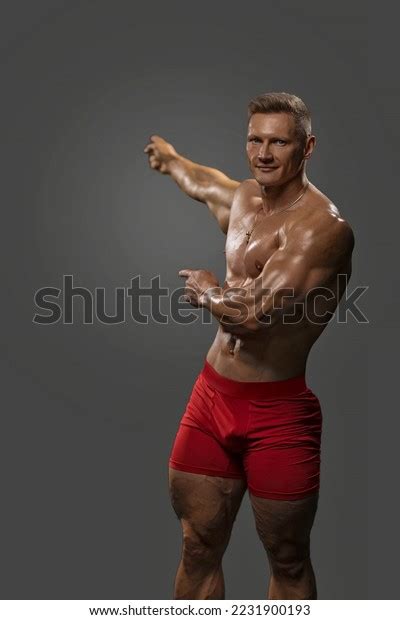 Muscular Man Naked Torso Points Gray Stock Photo Shutterstock