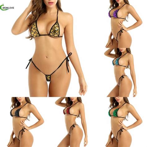 MOMLOVE Womens Micro Bikini Set Bra Top Mini G String T Hong Lingerie