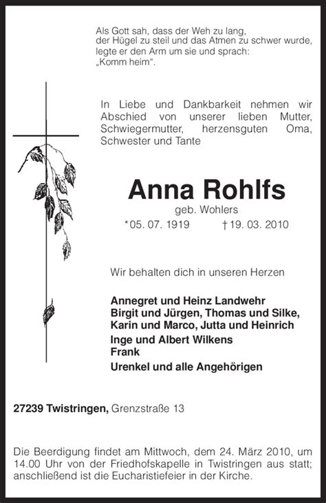 Traueranzeigen Von Anna Rohlfs Trauer Kreiszeitung De