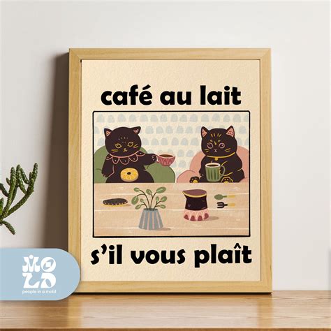 French Cafe Poster French Cafe Au Lait Cat Print Retro Drink Poster