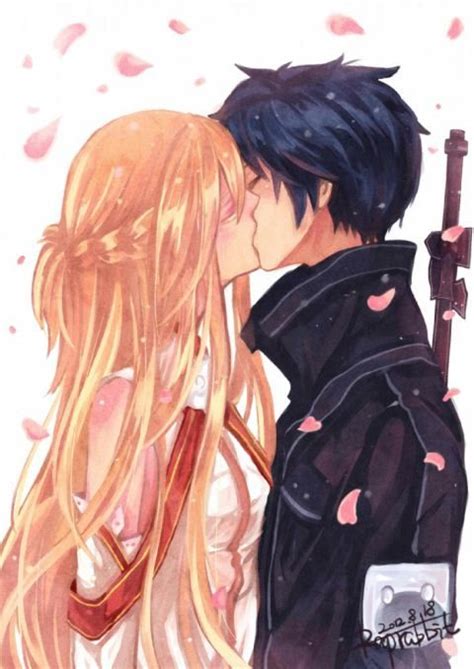 Two Anime Characters Kissing Each Other With Long Blonde Hair And Black