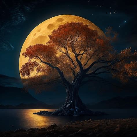 Premium AI Image | Moonlight night and tree silhouette wallpaper