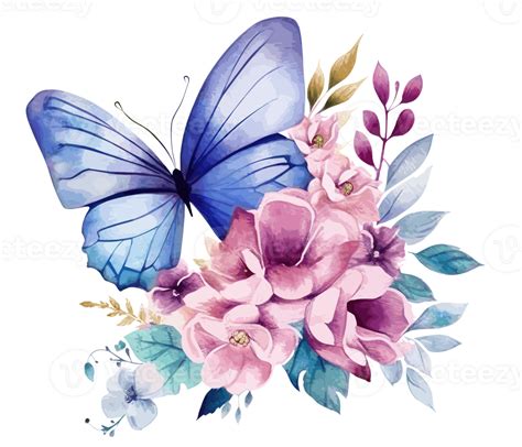 Watercolor Colorful Butterfly And Flower Png