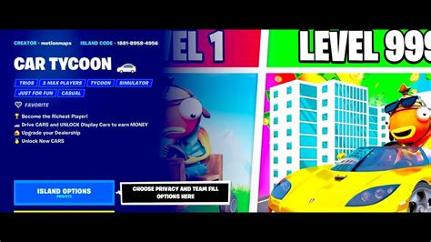 FORTNITE CAR TYCOON LEVEL 100 ALL CARS FULL WALKTHROUGH MAP CODE