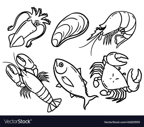 Oodle Style Fresh Seafood Drawing Set Royalty Free Vector