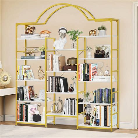 Yitahome Tier Gold And White Bookshelf Triple Wide Arched Open