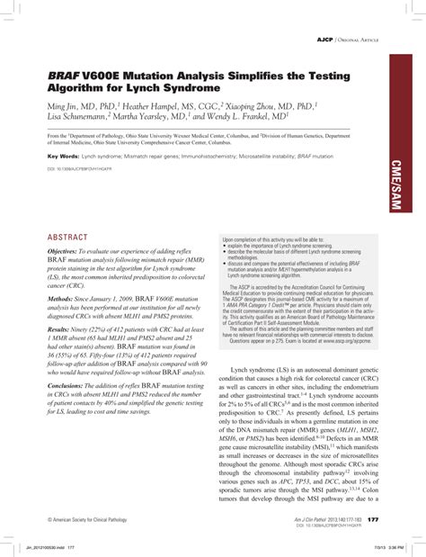 (PDF) BRAF V600E Mutation Analysis Simplifies the Testing Algorithm for Lynch Syndrome