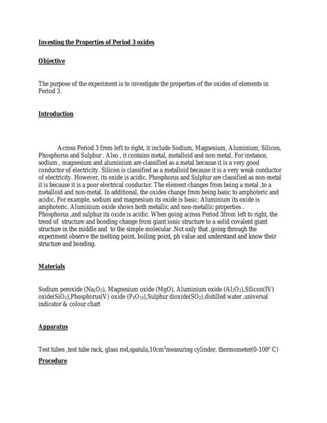 Investing the Properties of Period 3 oxides | FHSC1134 - Inorganic Chemistry - UTAR | Thinkswap