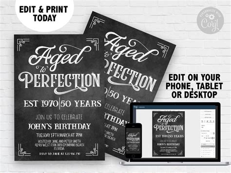 Aged To Perfection Birthday Invitation Chalkboard Editable Any Etsy