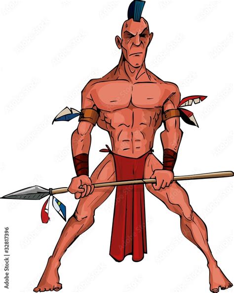 Cartoon Mohawk warrior with a spear Stock Vector | Adobe Stock