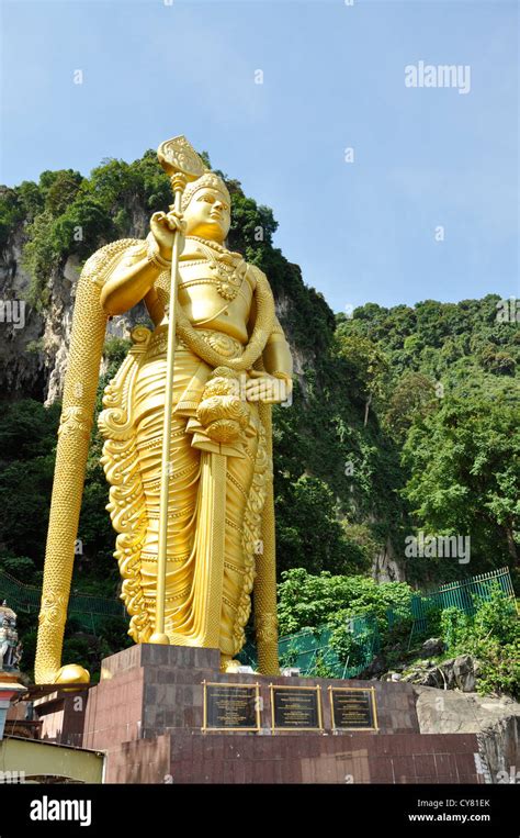 Kuala Lumpur Malaysia Batu Caves With Gold Statue Of Lord Murugan At