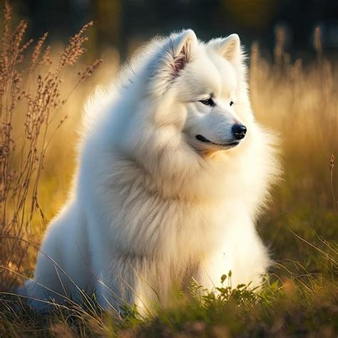 Premium AI Image | Fluffy Samoyed Dog Sitting in the Field Generative AI