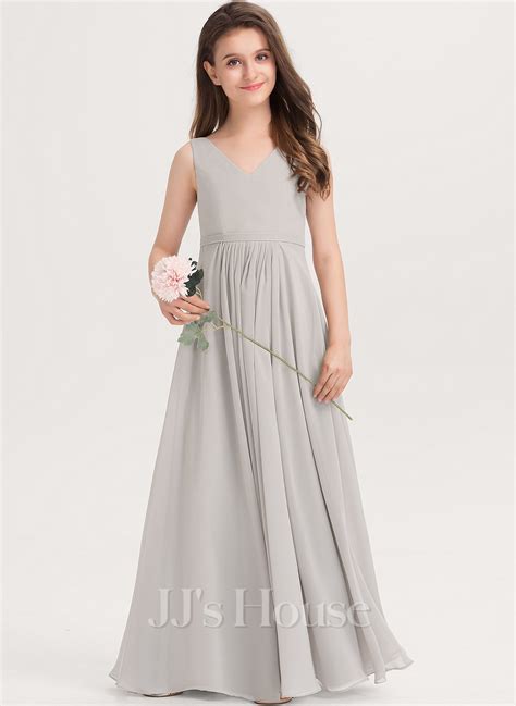 A Line V Neck Floor Length Chiffon Junior Bridesmaid Dress With Pockets