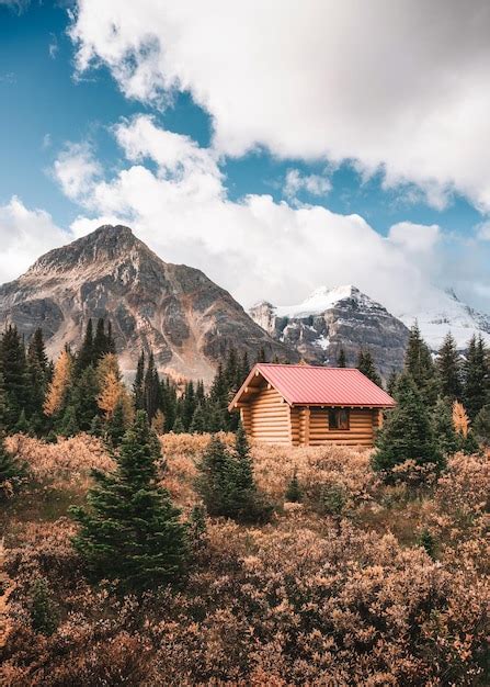 Premium Photo | Wooden cottage with rocky mountain in autumn forest at ...