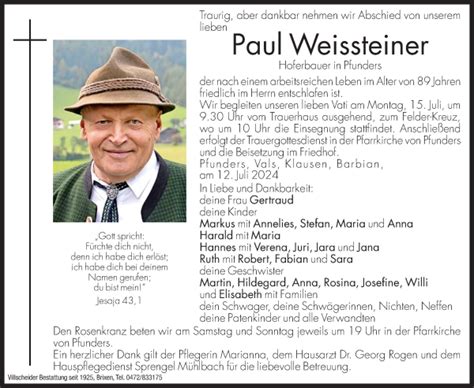 Traueranzeigen Von Weissteiner Paul Trauer Bz