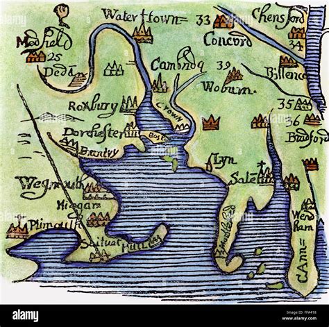 New England Map 1677 Ndetail Of A Woodcut Map Of New England From William Hubbards Narrative