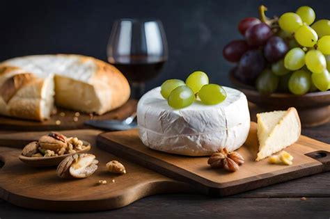 Premium AI Image | cheese and grapes on a cutting board with a glass of ...