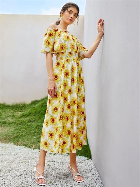 Sunflower Print Off Shoulder Shirred Dress SHEIN USA