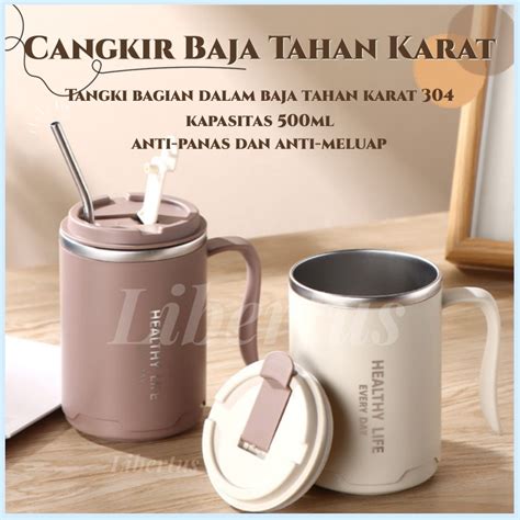 Jual Gelas Air Mug Stainless Sedotan Steel Dengan Cangkir Kopi Anti