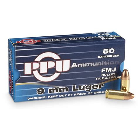 PPU 9mm Luger FMJ 158 Grain 50 Rounds 222491 9mm Ammo At