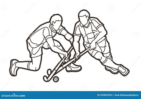 Field Hockey Sport Male Players Action Cartoon Graphic Vector Stock