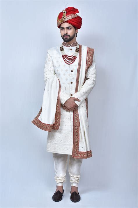 Buy Cream Art Silk Embroidery Thread Paisley Sherwani Set For Men By