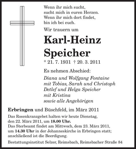 Traueranzeigen Von Karl Heinz Speicher Saarbruecker Zeitung Trauer De