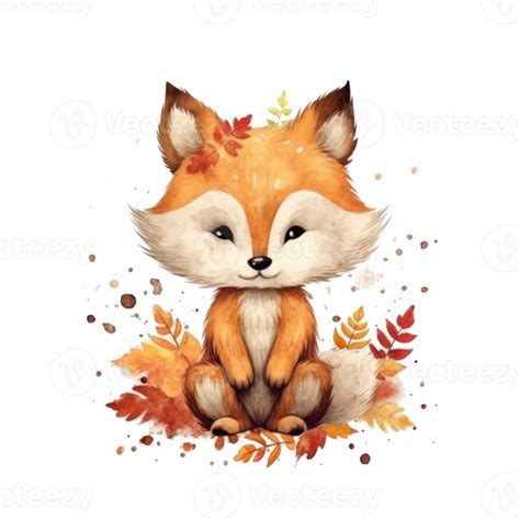 Cute Watercolor Baby Autumn Fox Isolated Illustration Png