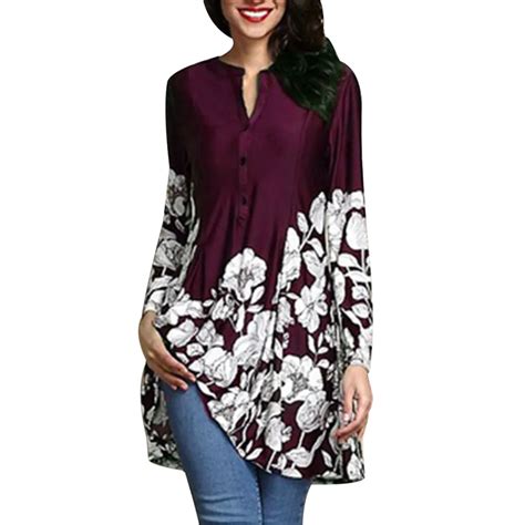 Korean Women Printed Blouses Fashion Button V Neck Long Tunic Tops 2019