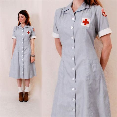 Vintage S S Nurse Uniform Dress M L Red Cross Nursing Etsy