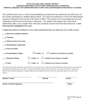 Fillable Online Parental Request For Administration Of Over The Counter