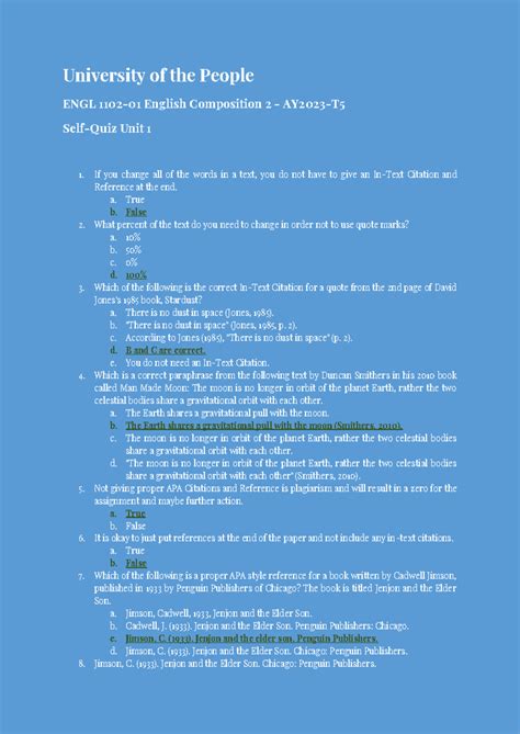 ENGL 1102-01 English Composition 2 - Self-Quiz Unit 1 - University of ... 