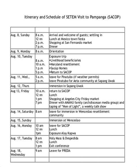 Visit Itinerary Templates 4 Free Pdf Format Download