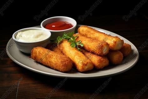 Golden fried mozzarella sticks with dipping sauces