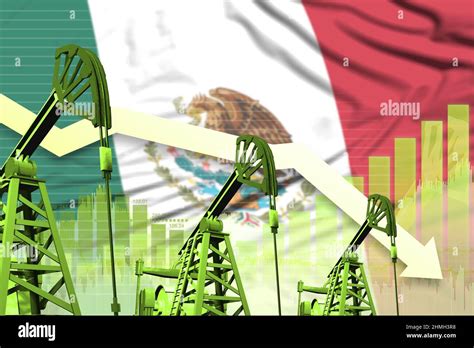 Mexico oil industry concept, industrial illustration - lowering down chart on Mexico flag ...