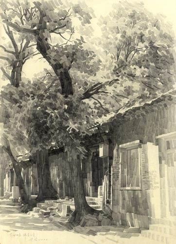 Pencil Sketching: Old Beijing Hutong, Kuang Han's Pencil Sketching, Chinese Artist