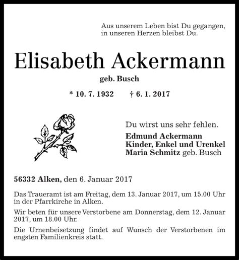 Traueranzeigen Von Elisabeth Ackermann Rz Trauer De