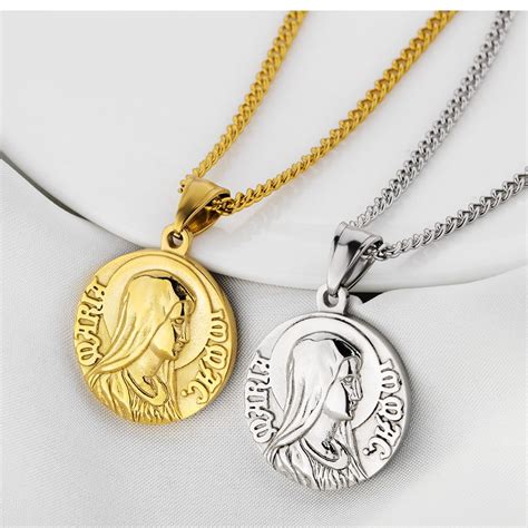 Blessed Virgin Mary Pendant Necklace For Men Steel Gold Bible Charm