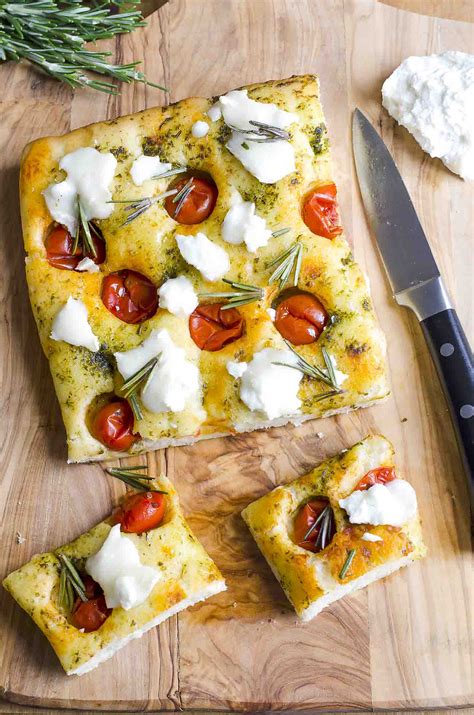 Focaccia Bread Recipe With Cherry Tomatoes Basil Pesto And Goat Cheese